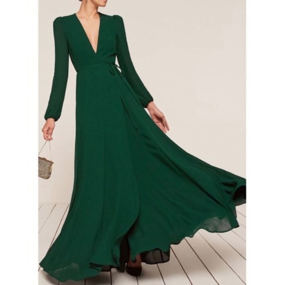 Reformation Milan Emerald Green Long Sleeve Wrap Maxi Dress Medium - Picture 3 of 11